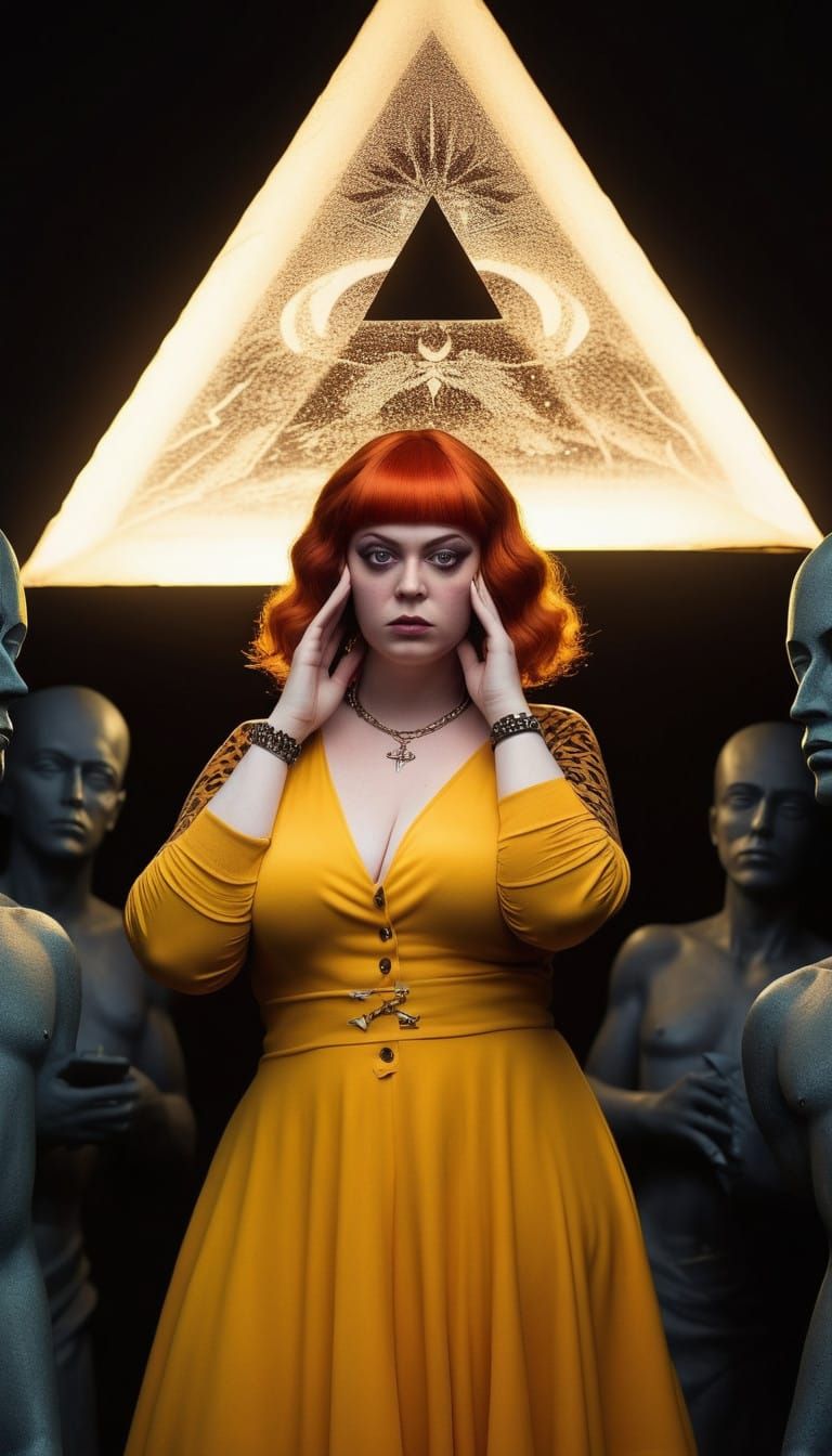 Illuminati Cult Leader Surrounded by Ancient Symbols in a Da...