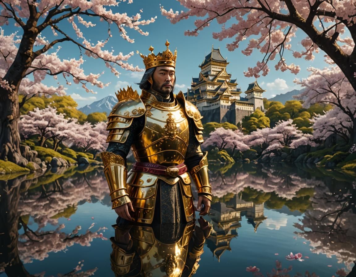Golden Emperor Reflecting in Cherry Blossom Lake