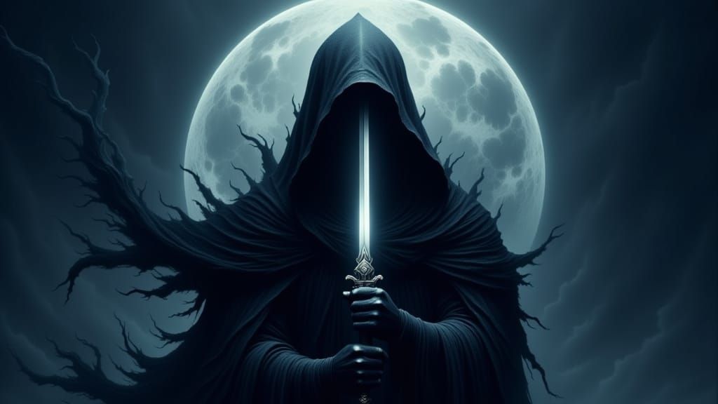 Dark Figure Wields Sword Under Midnight Moon