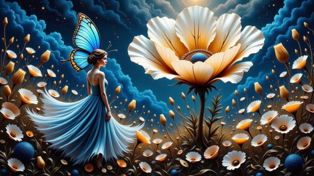 Enchanted Blue Butterfly in a Dreamlike Floral Realm