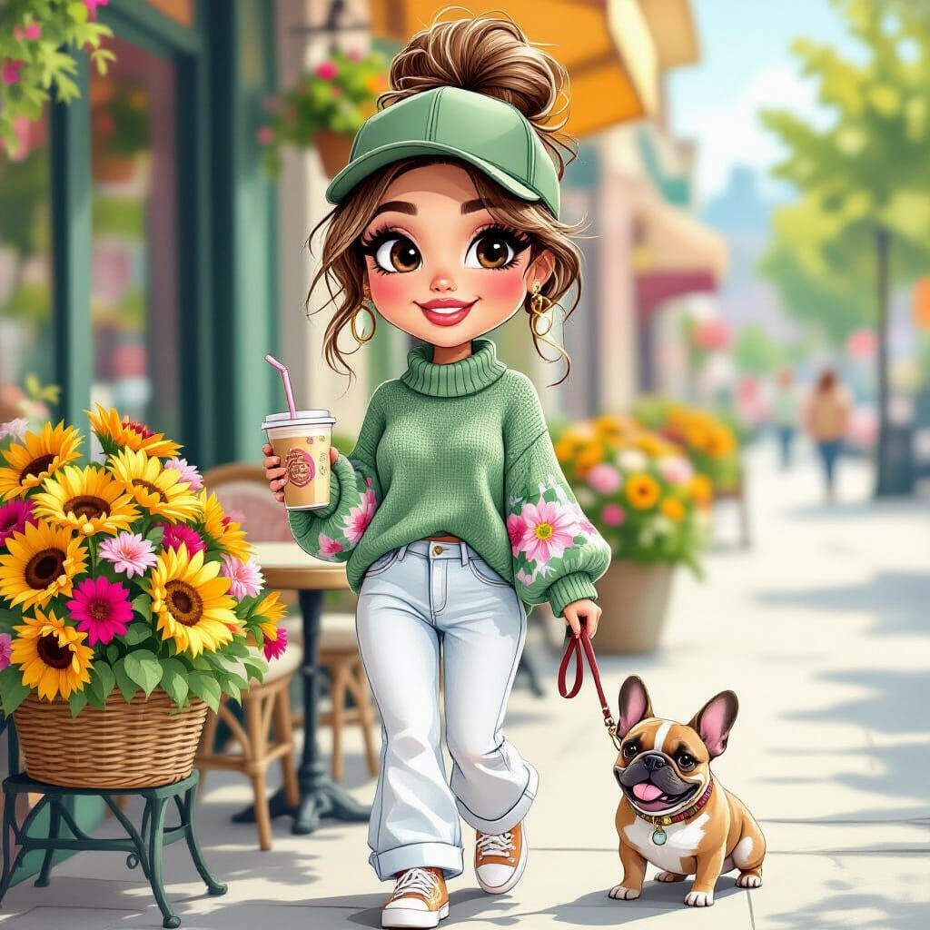 Charming Caricature with French Bulldog in Chalk Illustratio...