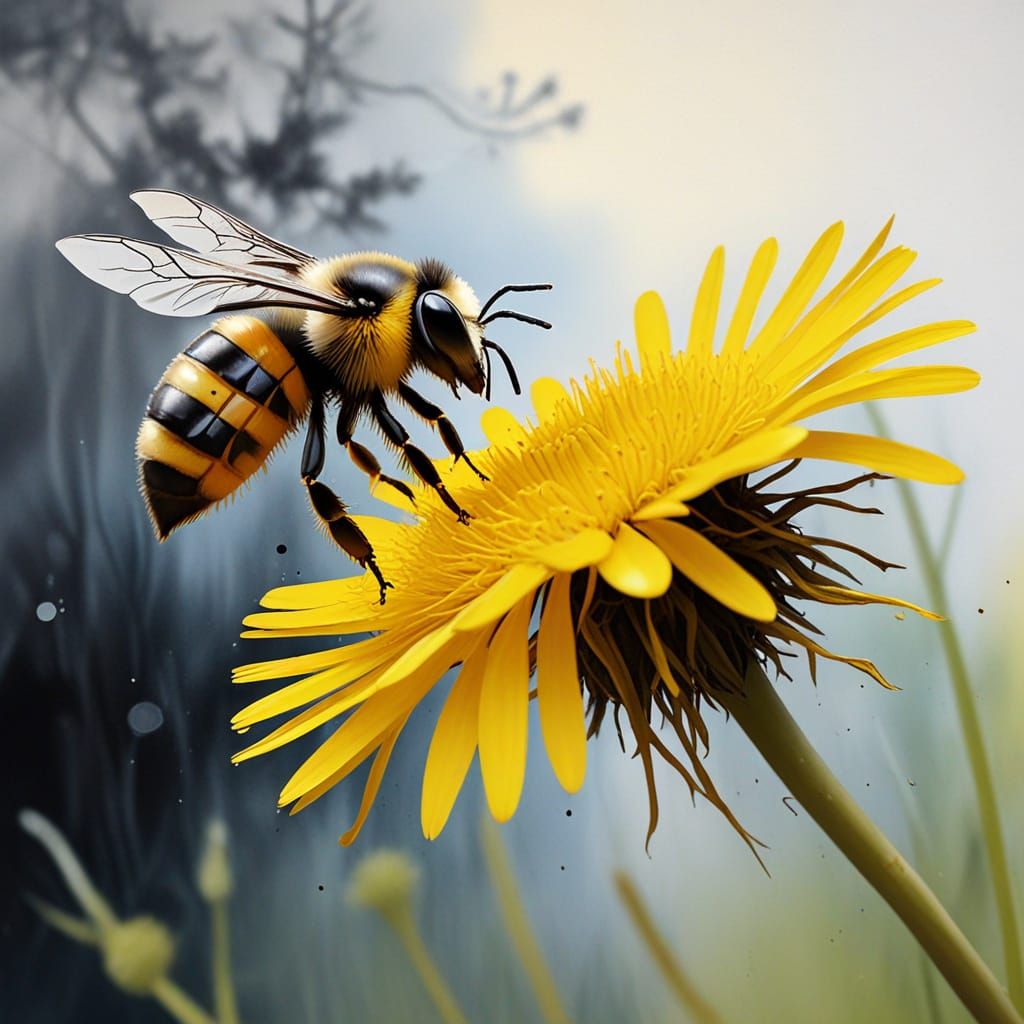 Surreal Sumi-e Painting of a Bee and Vibrant Dandelion