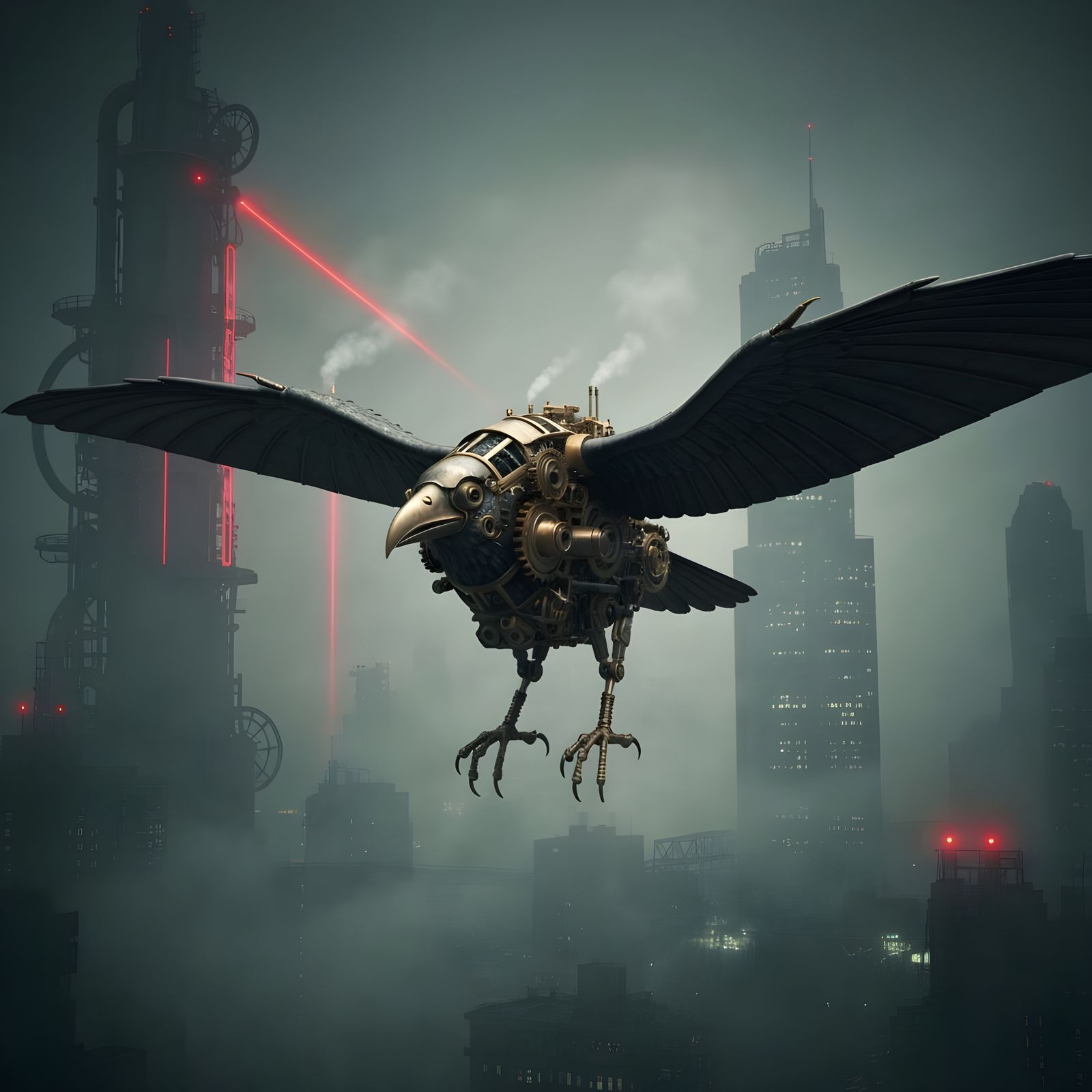 Steampunk Raven Ornithopter Over Metropolis in Charcoal Styl...