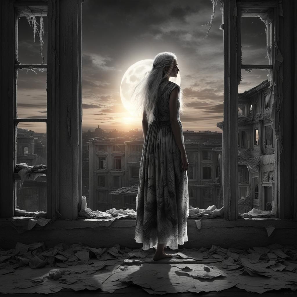Woman Gazing at Sunset and Moonrise: Fantasy Art