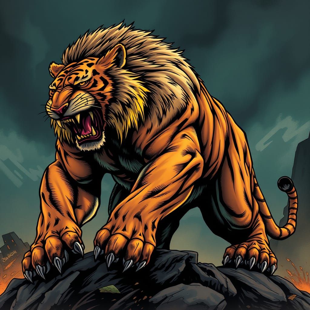 Powerful Lion in Moody Comic Book Style
