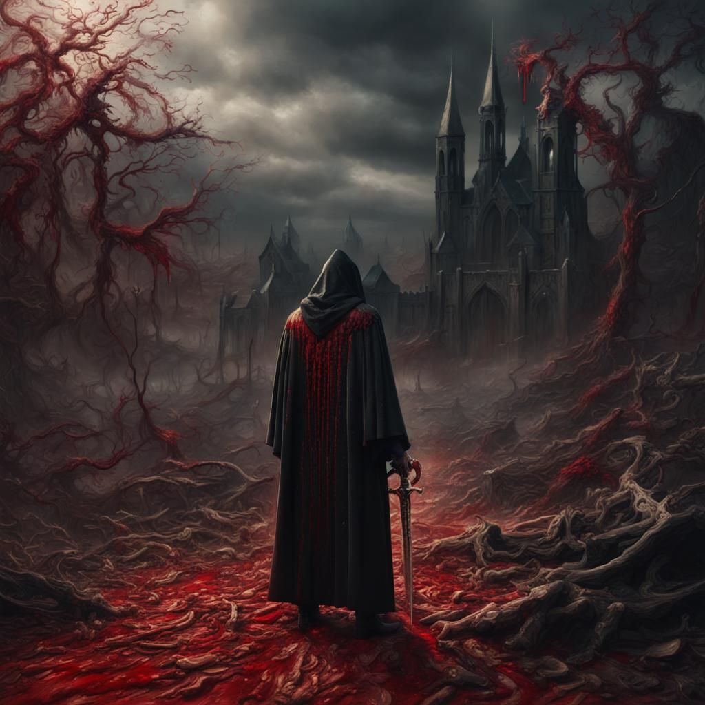 Dark Cloaked Figure with Sword in Dramatic Scene