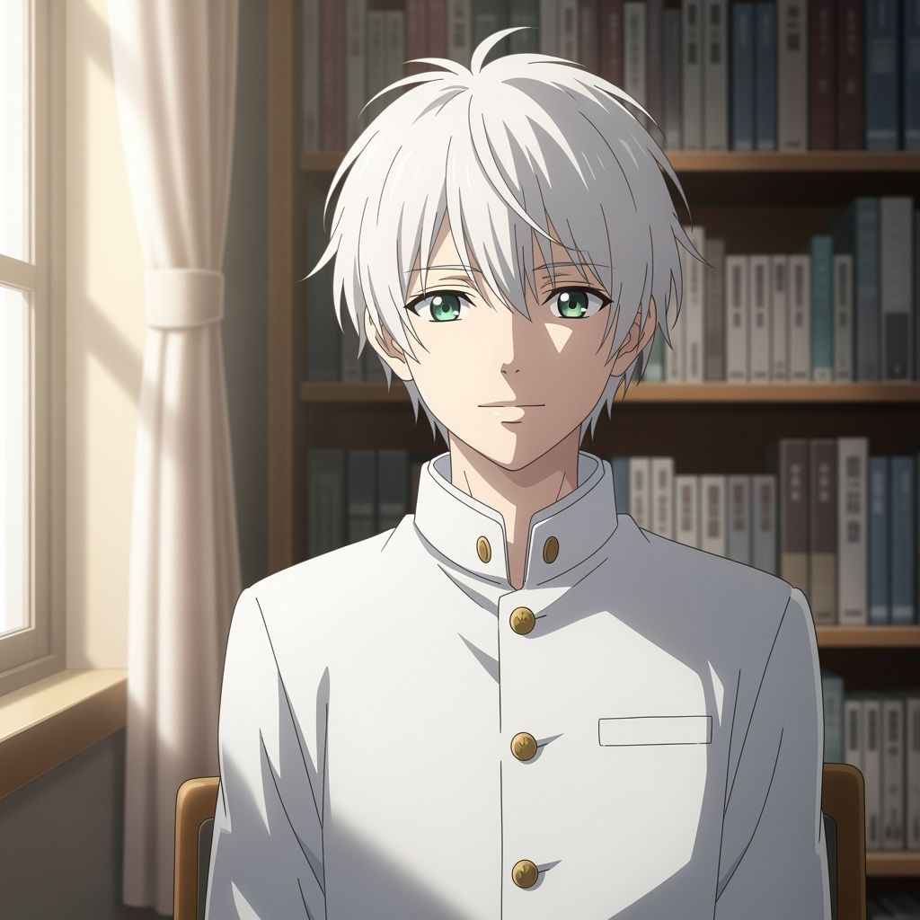 Anime Boy with White Hair and Green Eyes