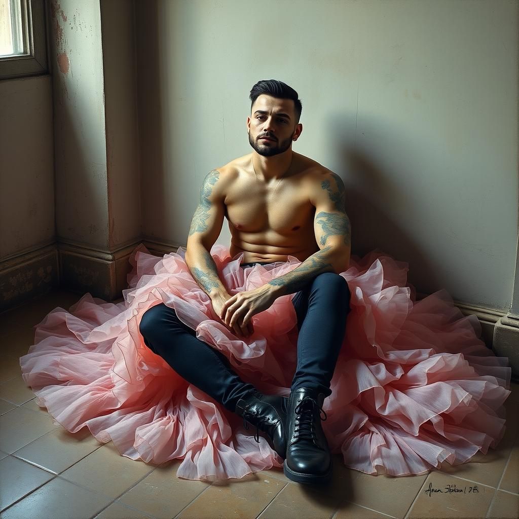 Tattooed Biker in Pink Tulle Skirt: Cinematic Painting