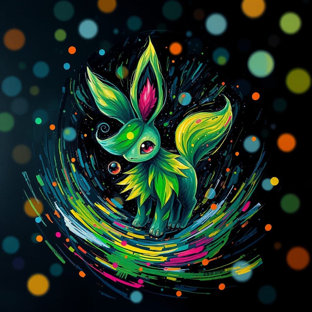 Cyberpunk Leafeon in Vibrant Impressionist Style