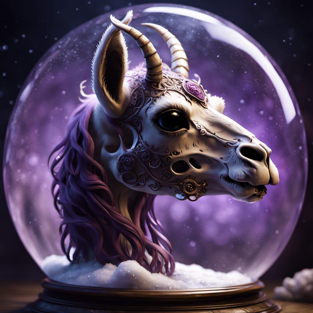 Gothic Snow Globe of a Skeleton Llama in Hyper-Realistic Det...