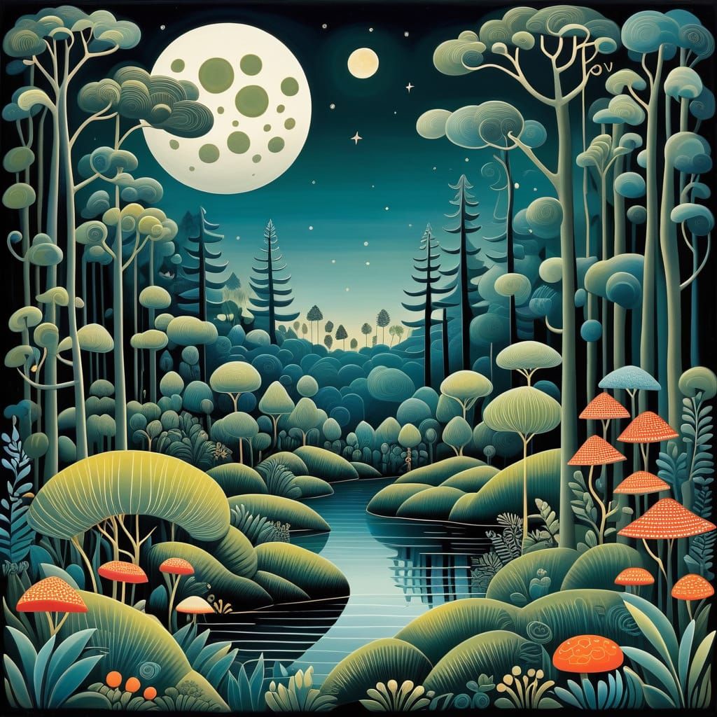 Fantastical Moonlit Forest in Folk Art Style