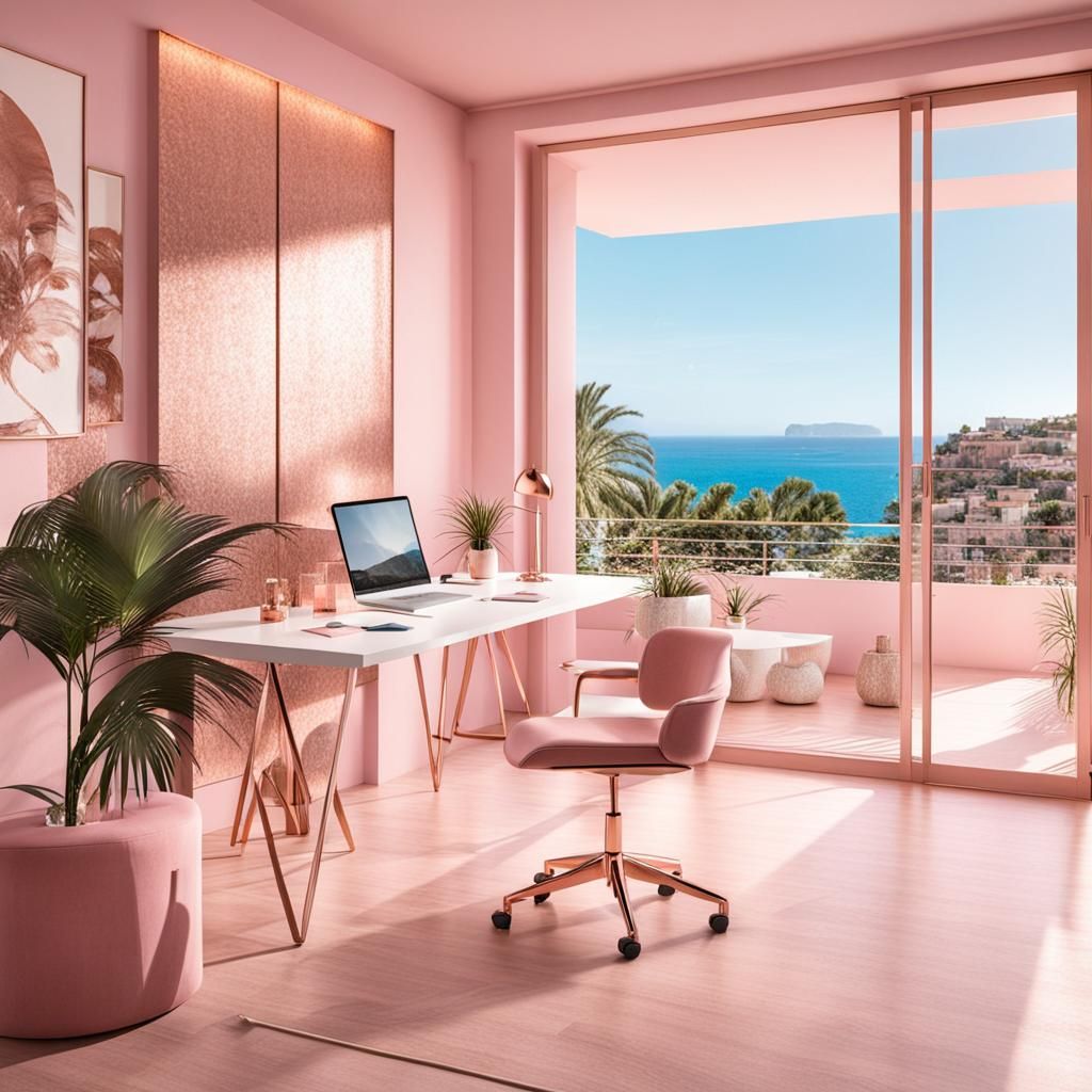 Modern Pink Workspace with Rose Gold Balcony