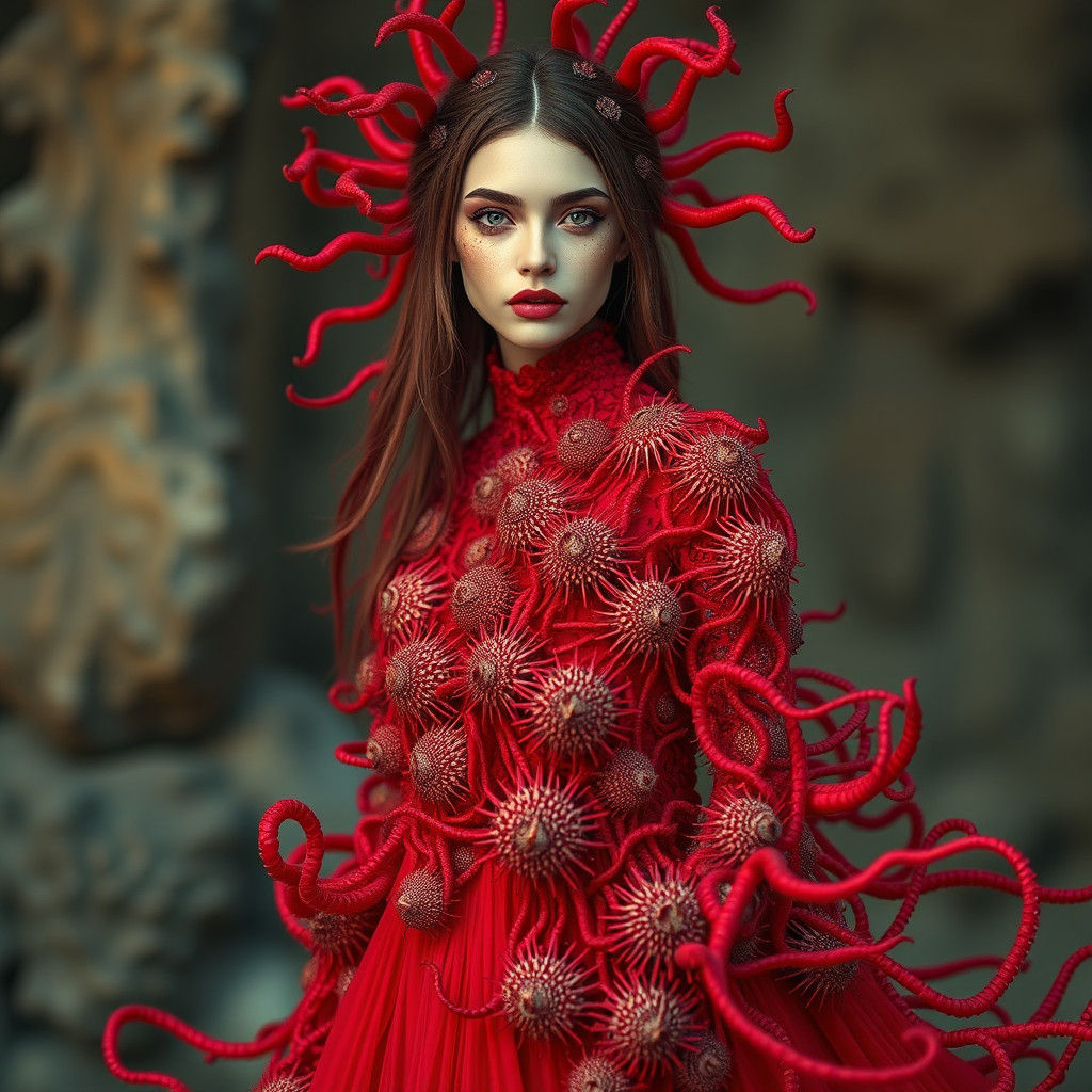 Goddess in Sea Urchin Dress, Hyperrealistic Portrait