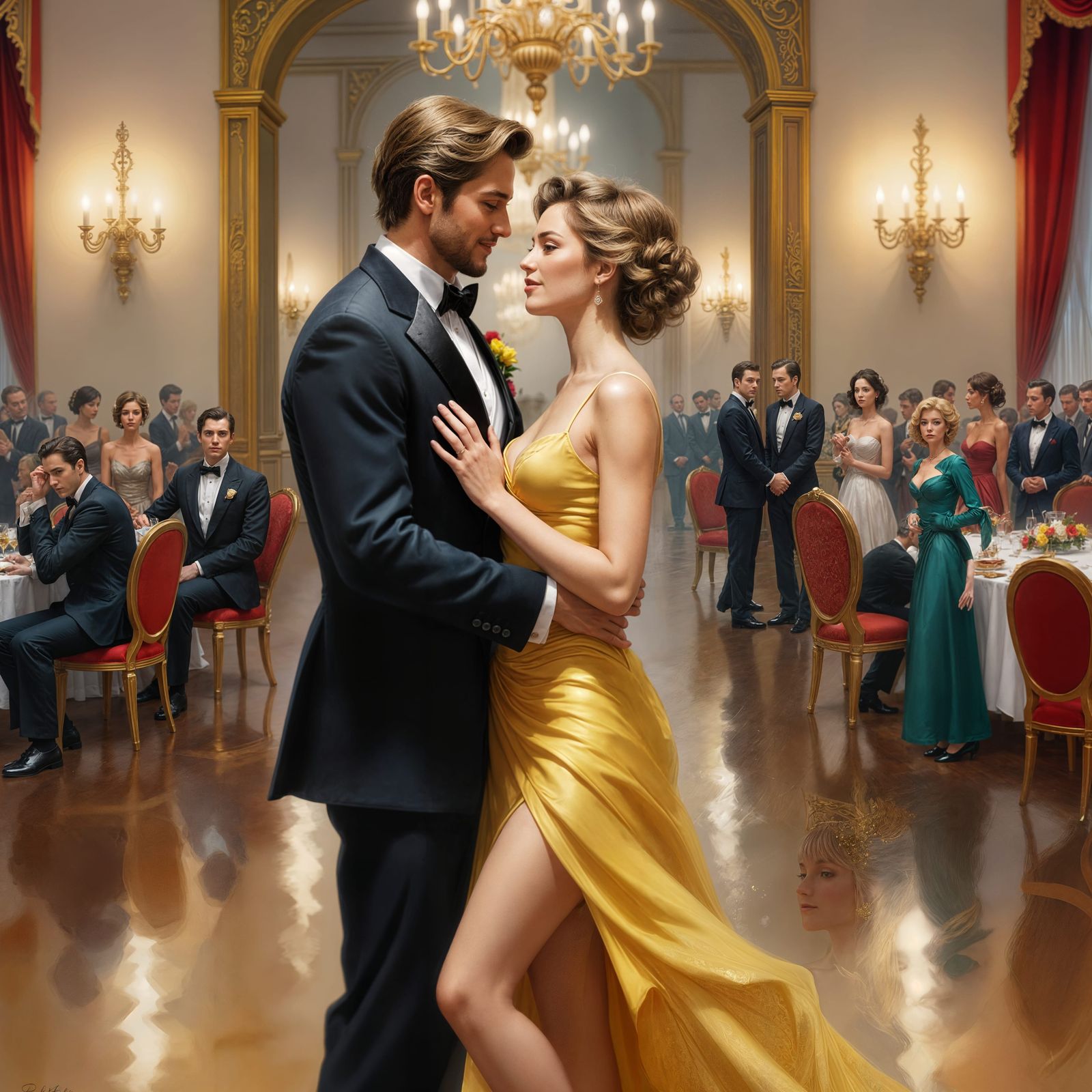 Couple Dancing in Gold, Teal, and Black