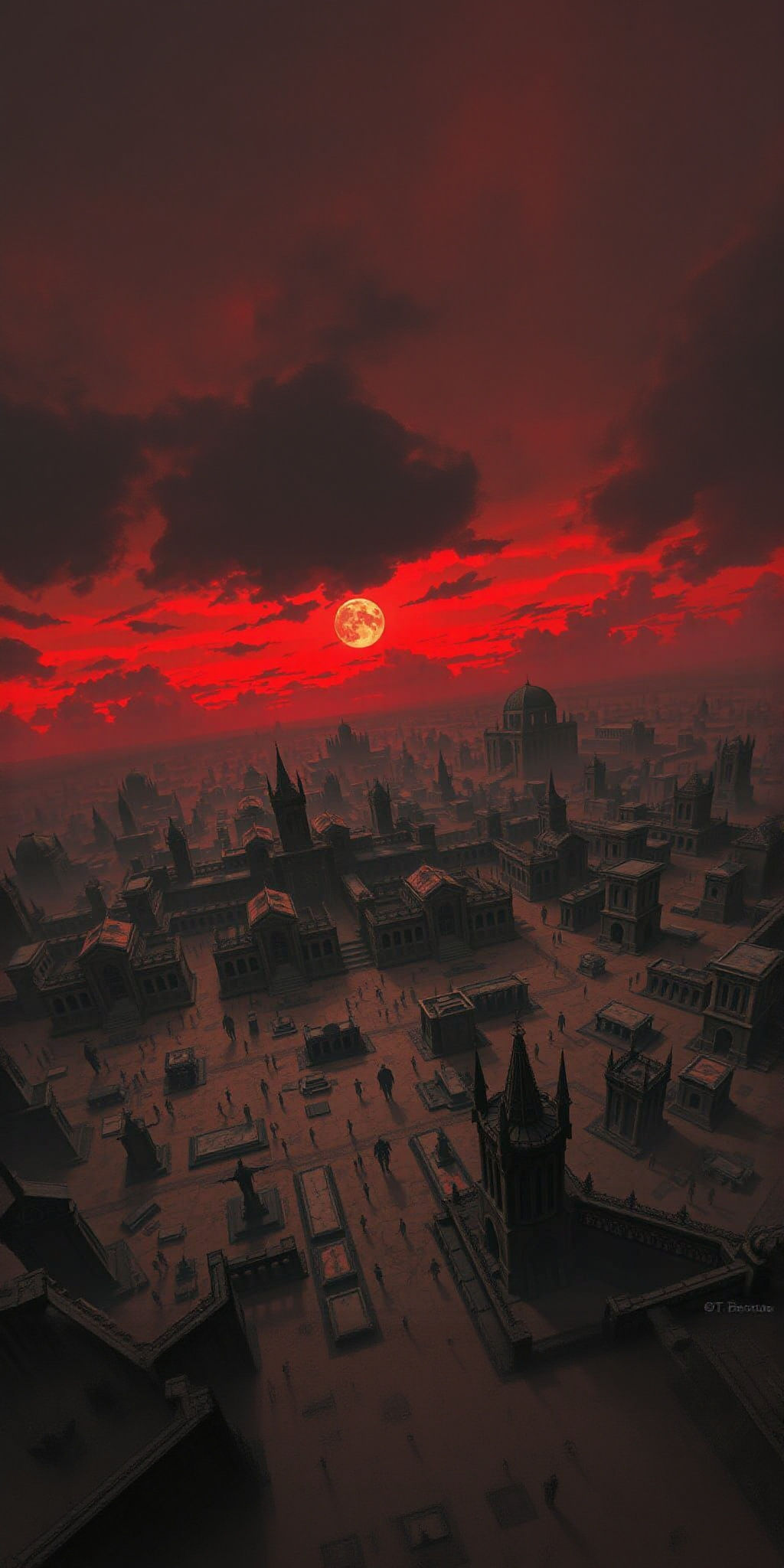 bird's eye view, a sprawling necropolis stretches out beneath a blood-red sky, its mausoleums and crypts arranged in a l...