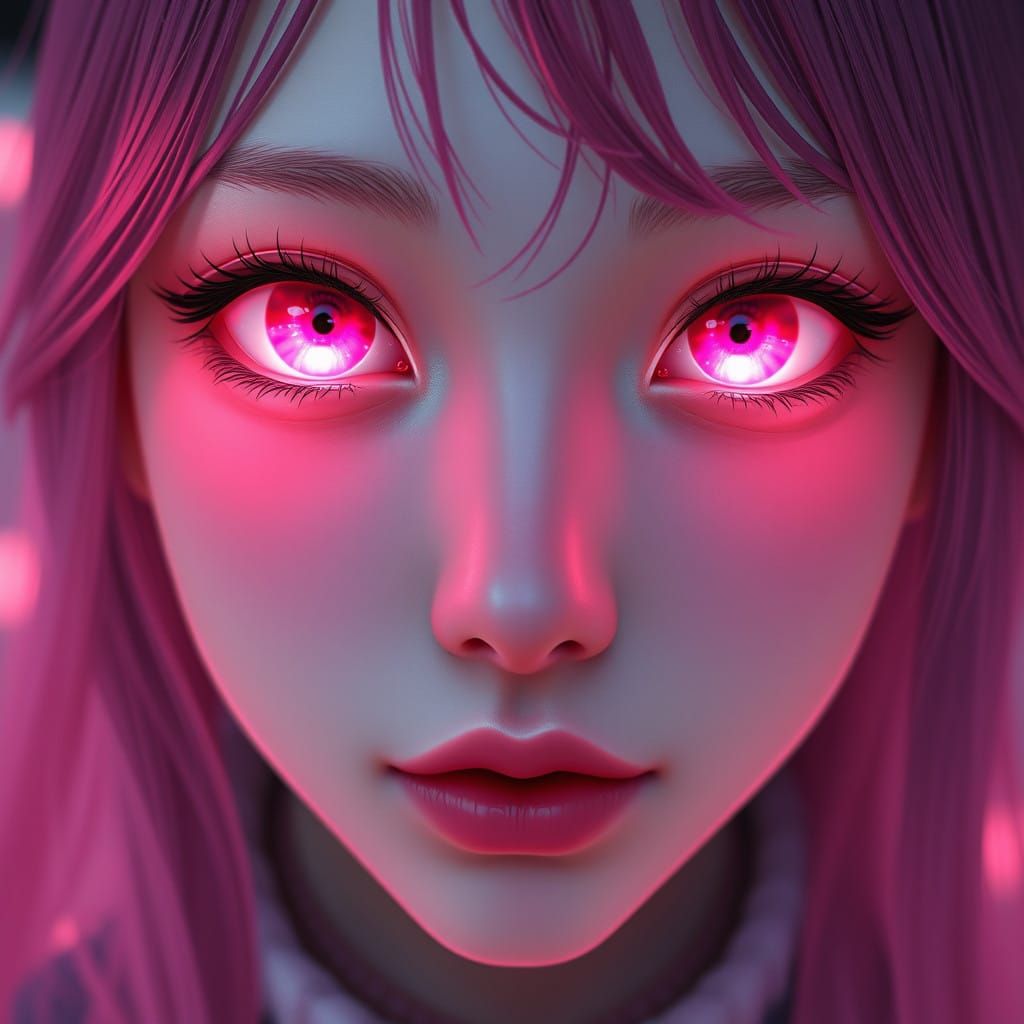 Extreme close up headshot of an anime girl with glowing pink eyes.