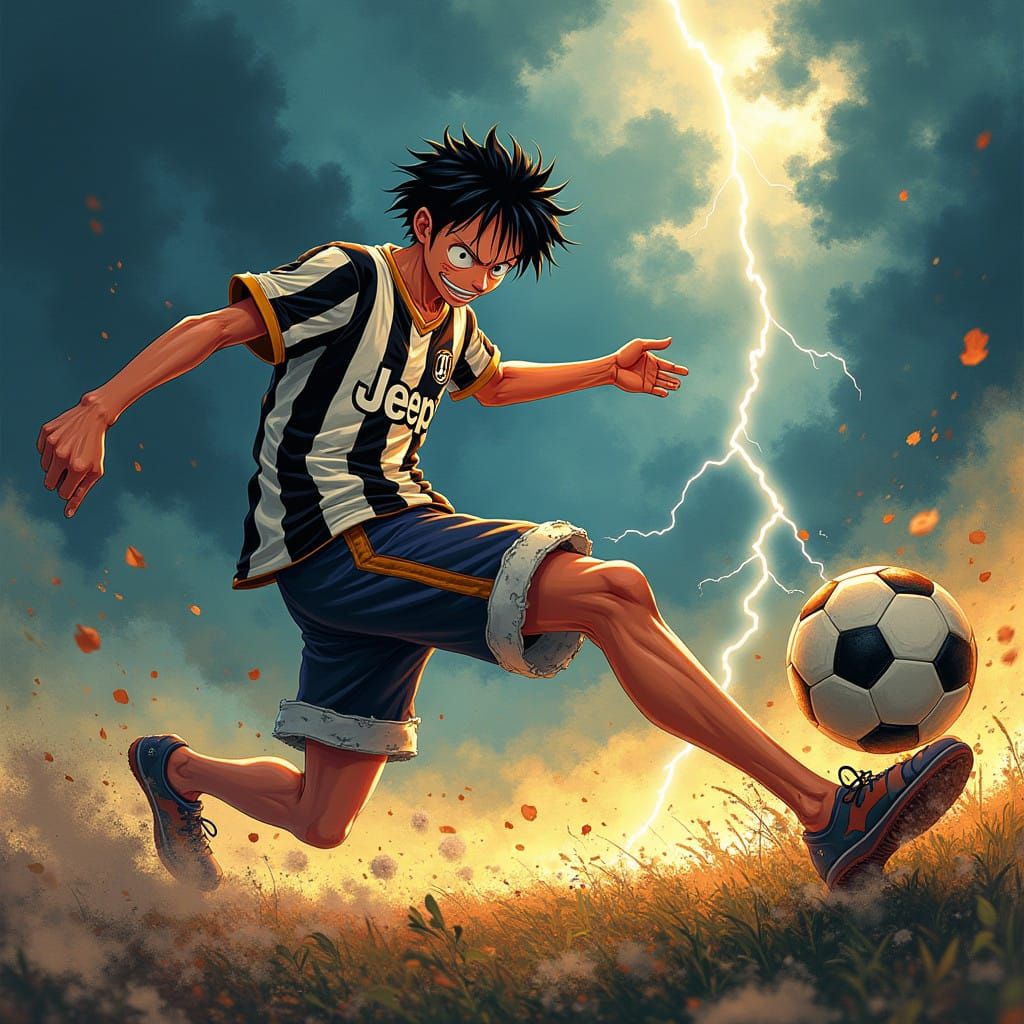 One Piece Hero Luffy Kicks Football in Dramatic Stormy Scene