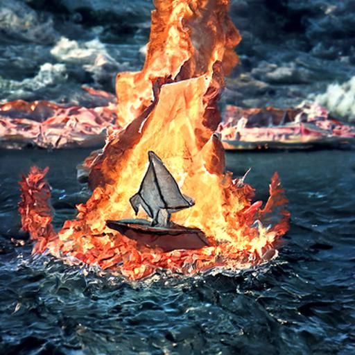 Paper Boat Ablaze on the Ocean: Matte Painting