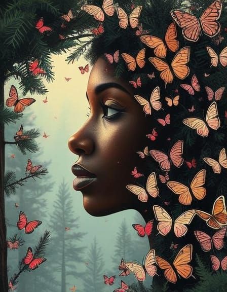 Serene Face in Surreal Coniferous Paradise