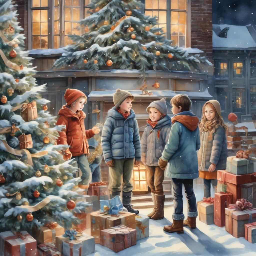 Whimsical Christmas Scene with Children in Watercolor