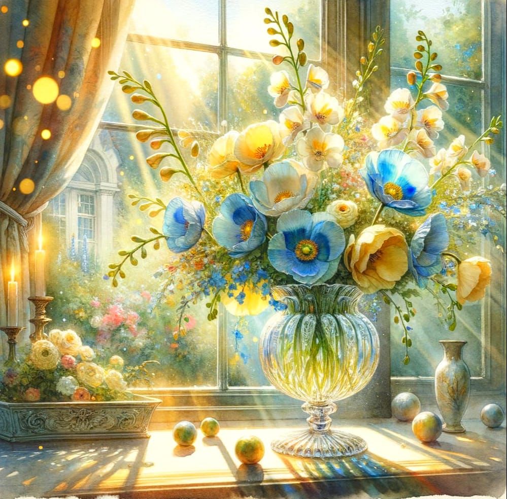 Whimsical Watercolor Vase with Blue Poppies and Freesias