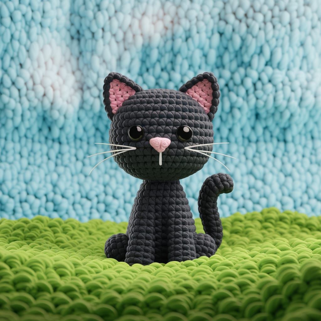 Crocheted Cat Surveys Cozy 3D Landscape