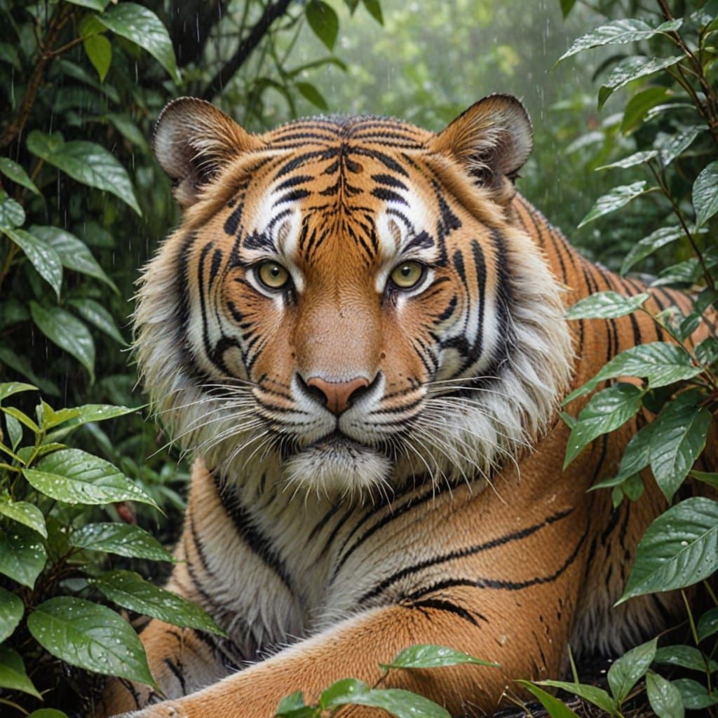 Golden Tiger Mother and Cub in Emerald Oasis