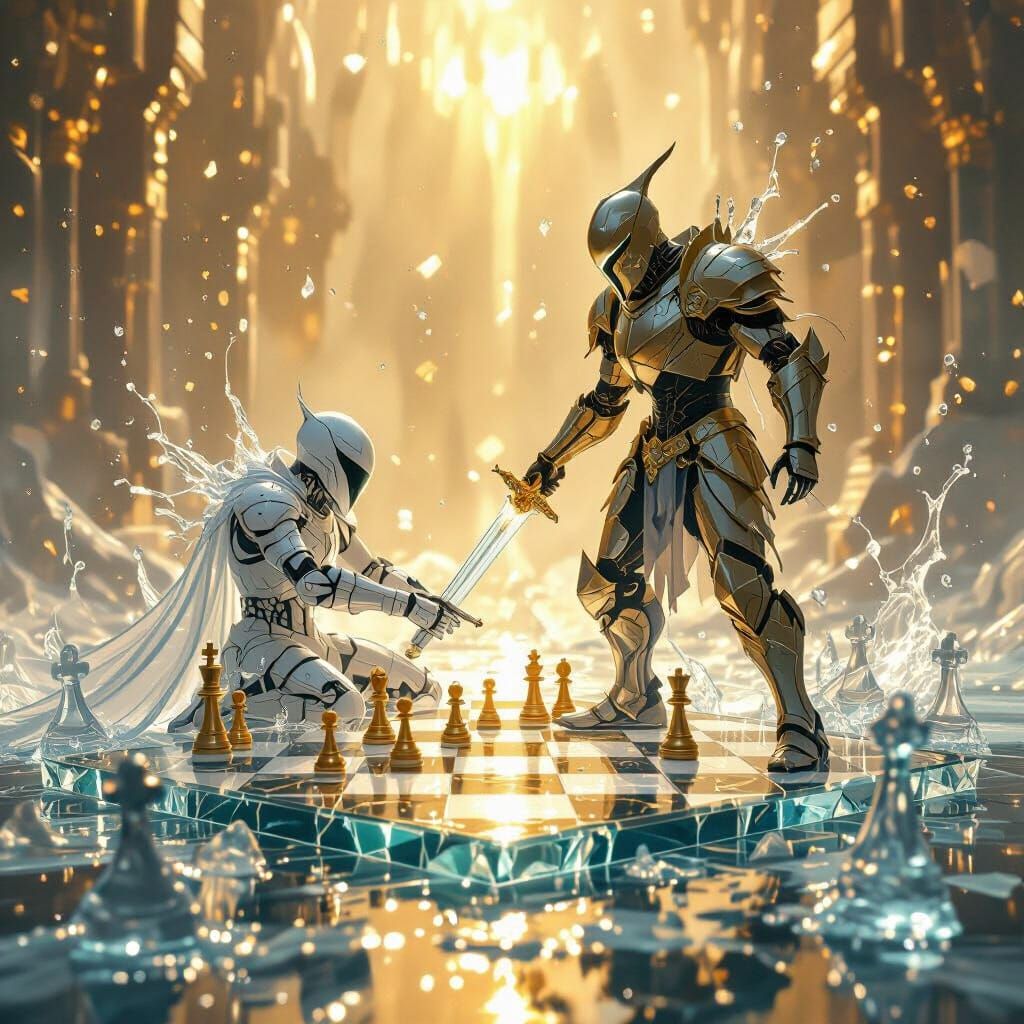 Water Knight vs Liquid Warrior on Glass Chessboard