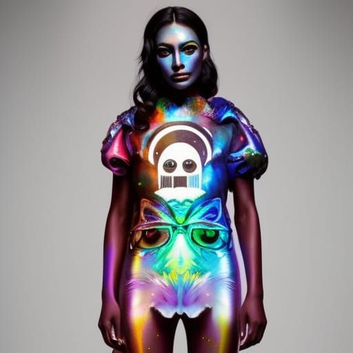 Rainbow Chibi Owl Portrait in Inkblot Style