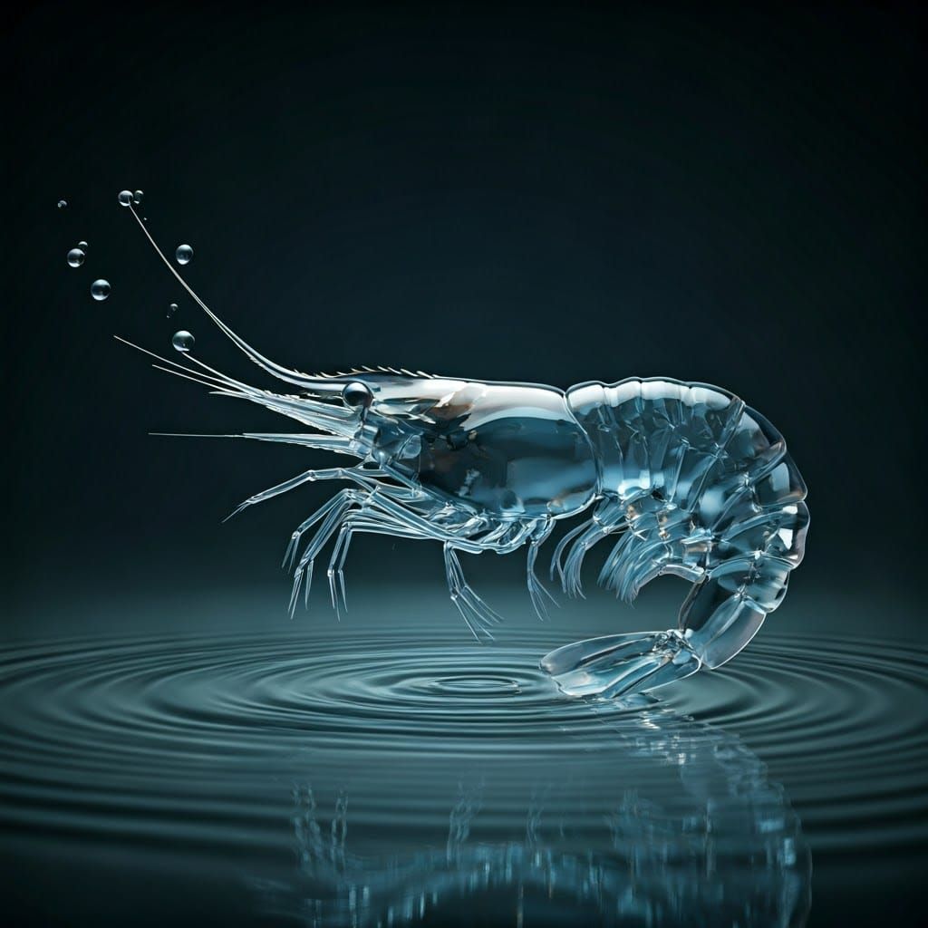 Surreal Transparent Prawn Emerges from Water