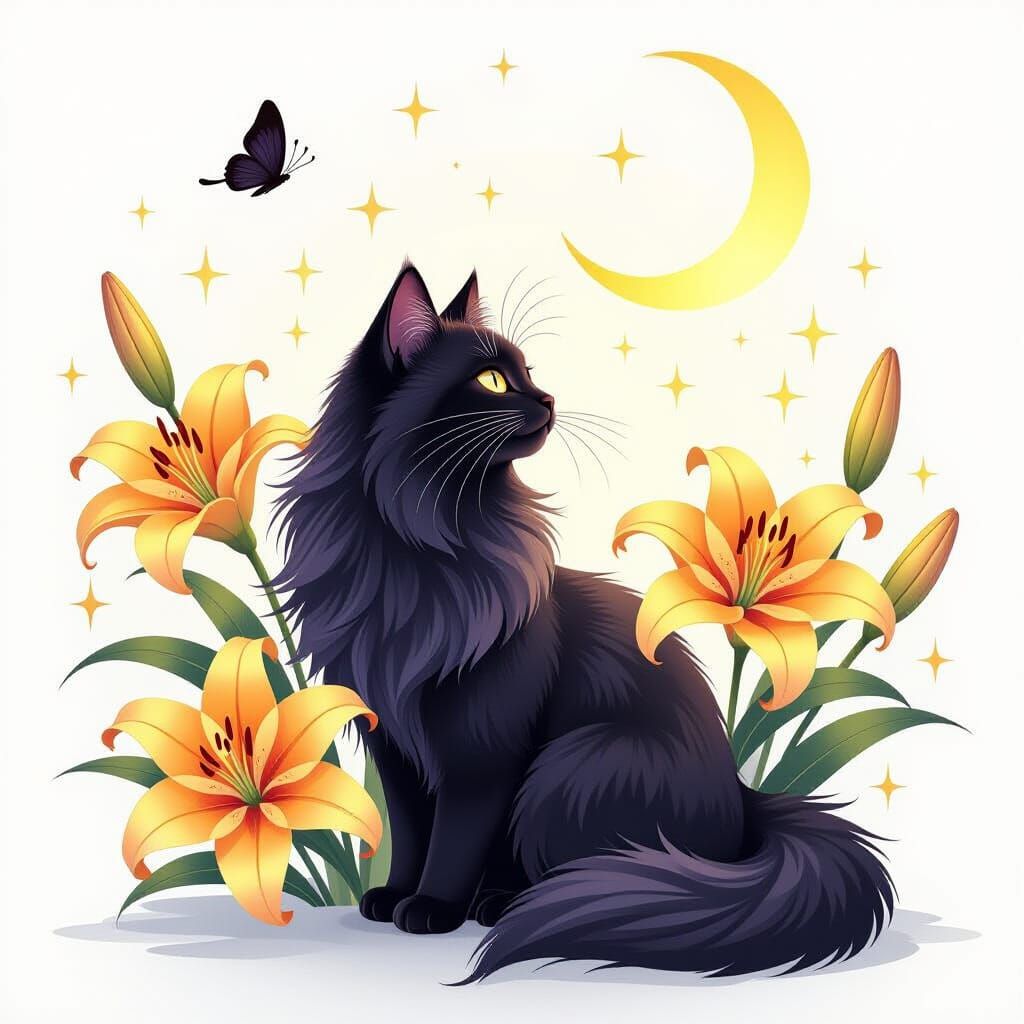 Mystical Black Cat Among Yellow Lilies and Stars
