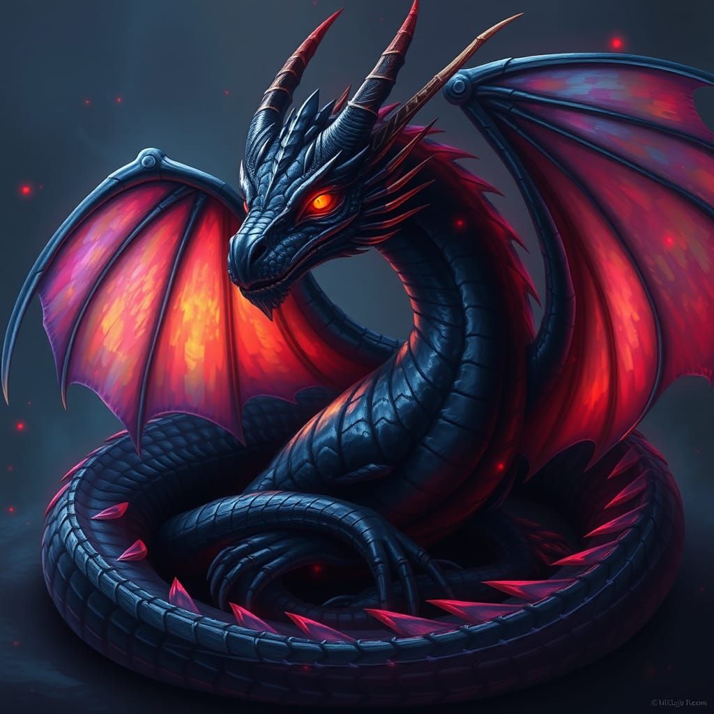 Majestic Black Dragon with Rainbow Wings