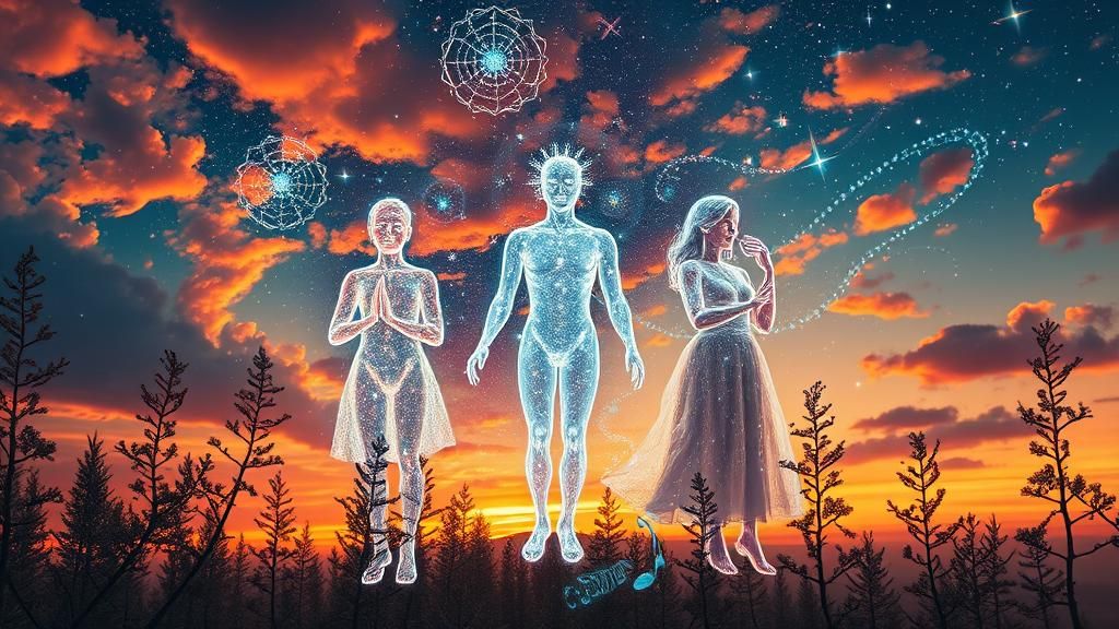 Ethereal Figures in Glass Forest, Sunset Galaxy