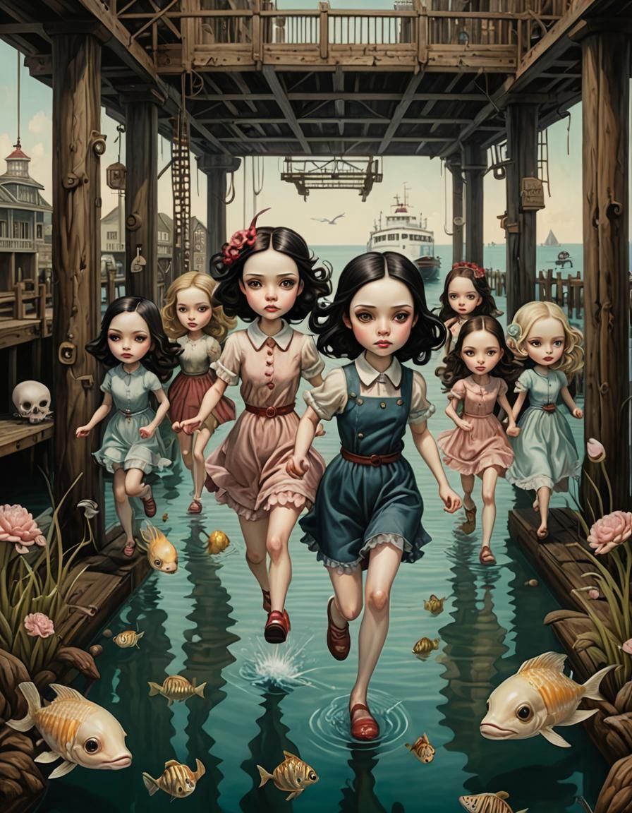 Nine girls are running under a wharf and here I am