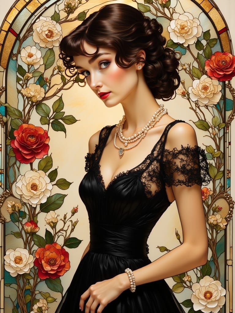 Stained Glass Portrait in Alphonse Mucha Style