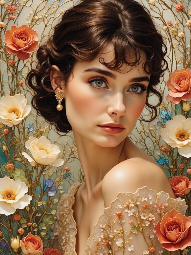 Elegant Stained Glass Portrait with Roses