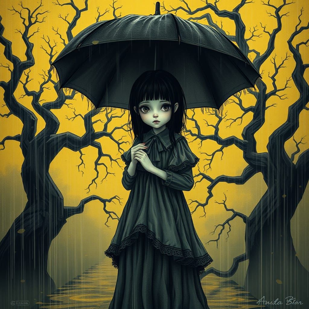 Vampire Girl in Rainy Fog: A Gloomcore Illustration