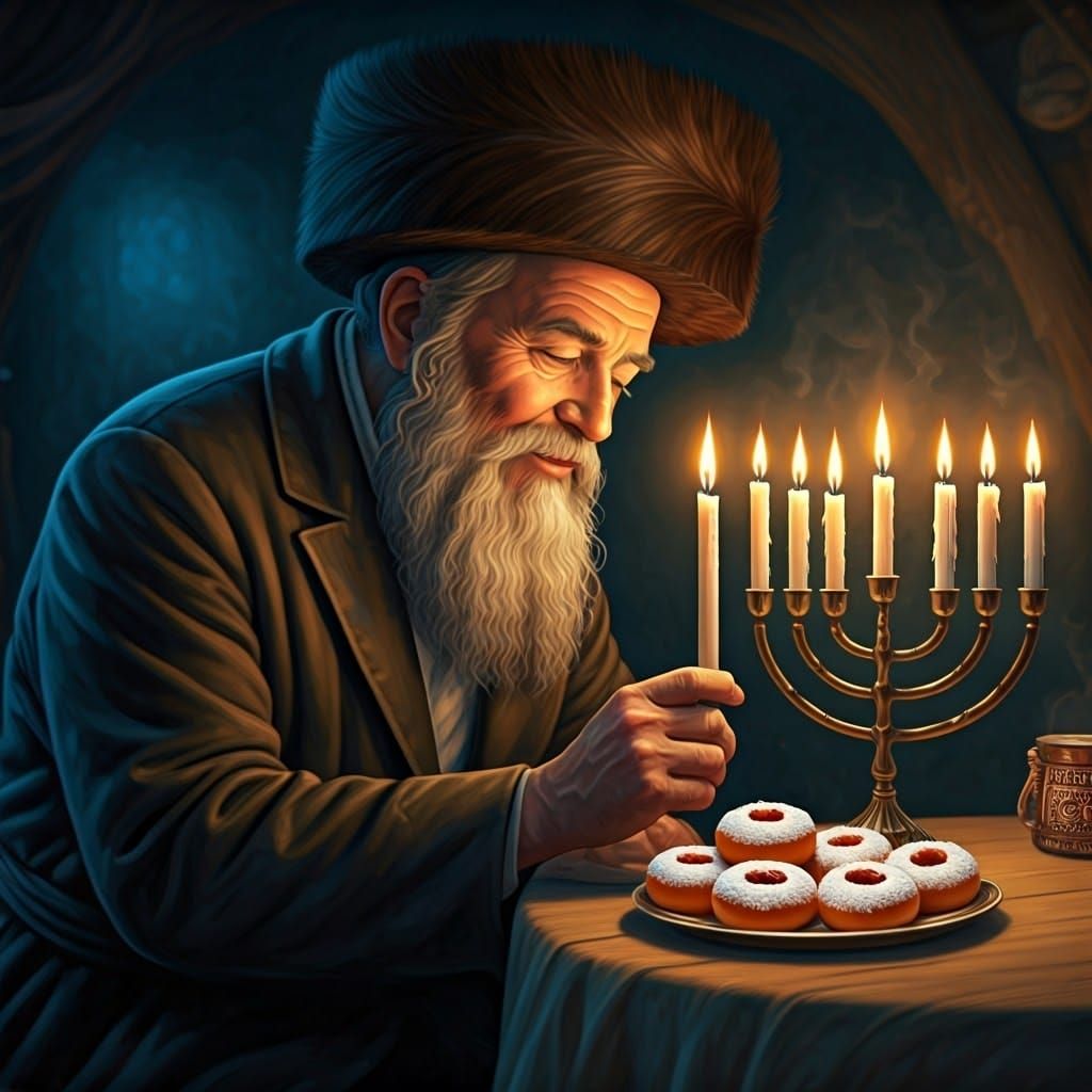 Jewish Man Lights Hanukkah Menorah in Dreamscape Style
