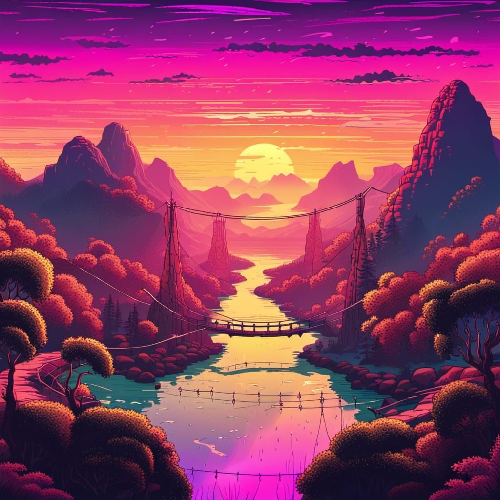 Synthwave Valley View with River and Rope Bridge