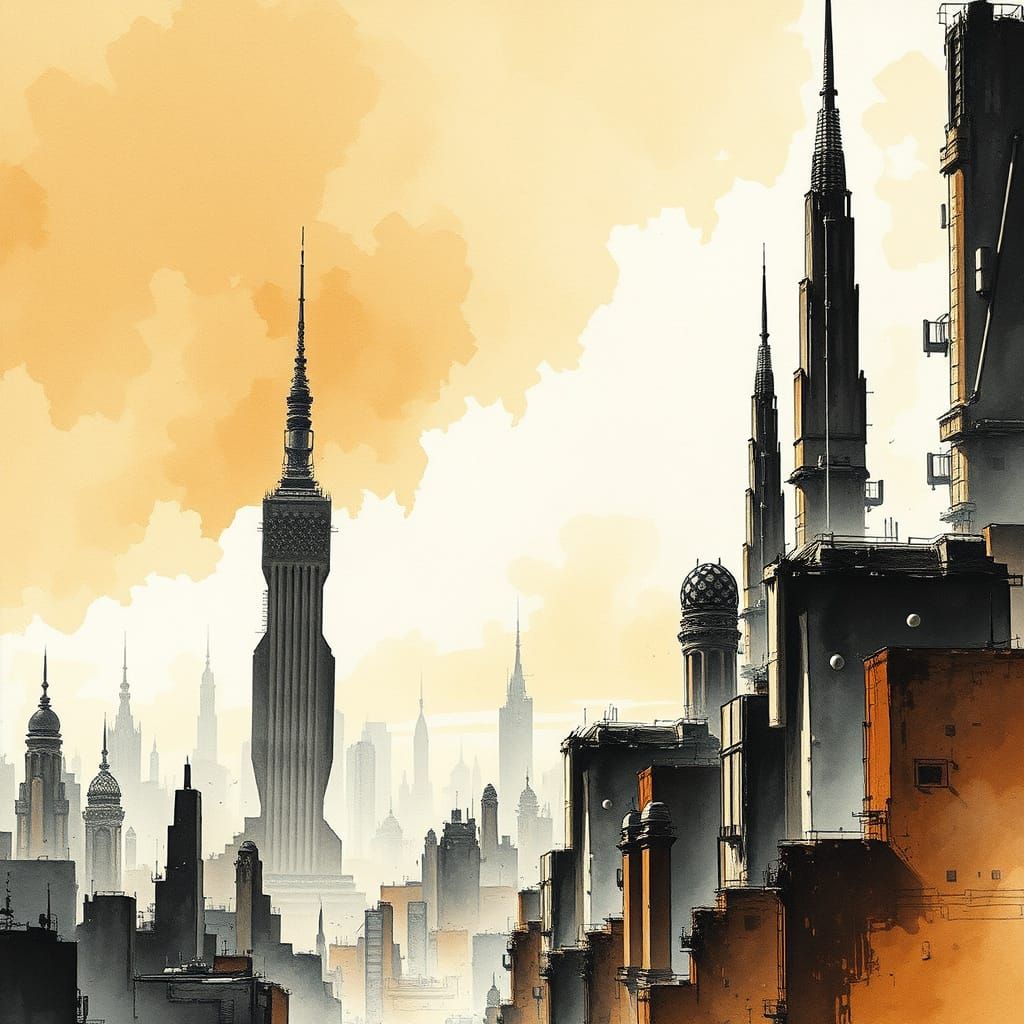 Sepia Sci-Fi Cityscape with Glistening Towers