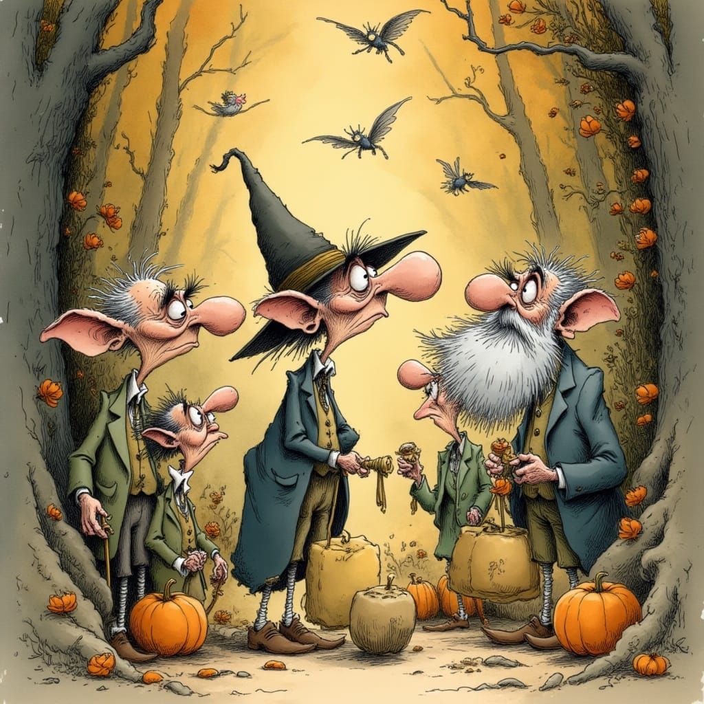 Whimsical Rackham-Style Cartoon of Twisted Trick-or-Treaters
