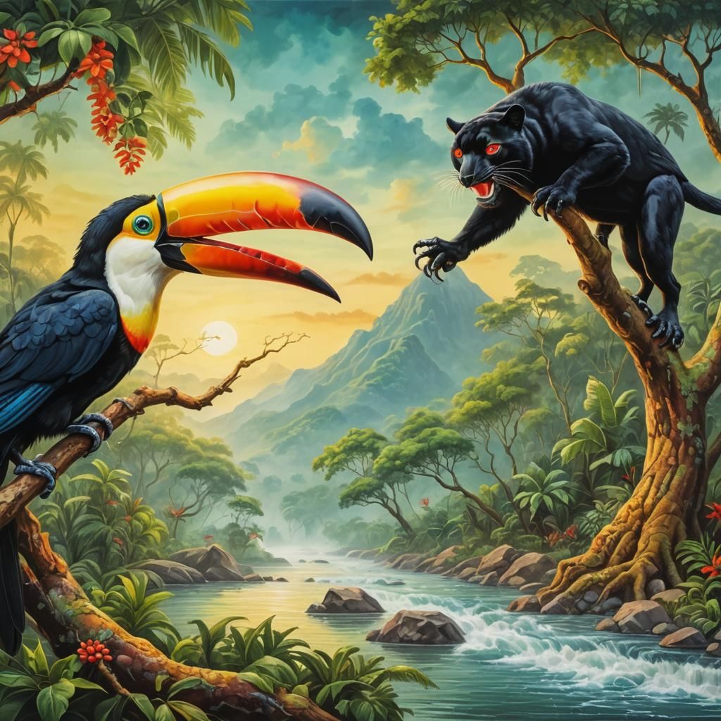 Vibrant Rainforest Scene: Panther and Toucan in Relief
