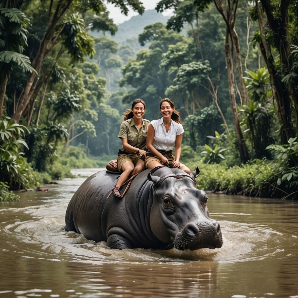 Woman Rides Hippo in Jungle River Portrait