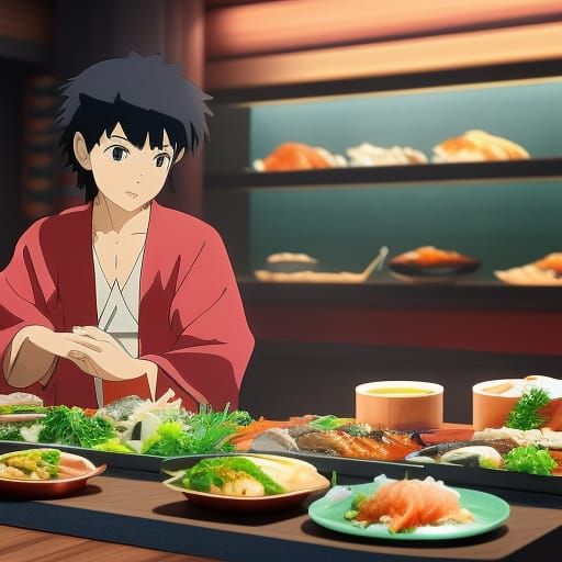 Anime Character at Sushi Bar in Ghibli Style