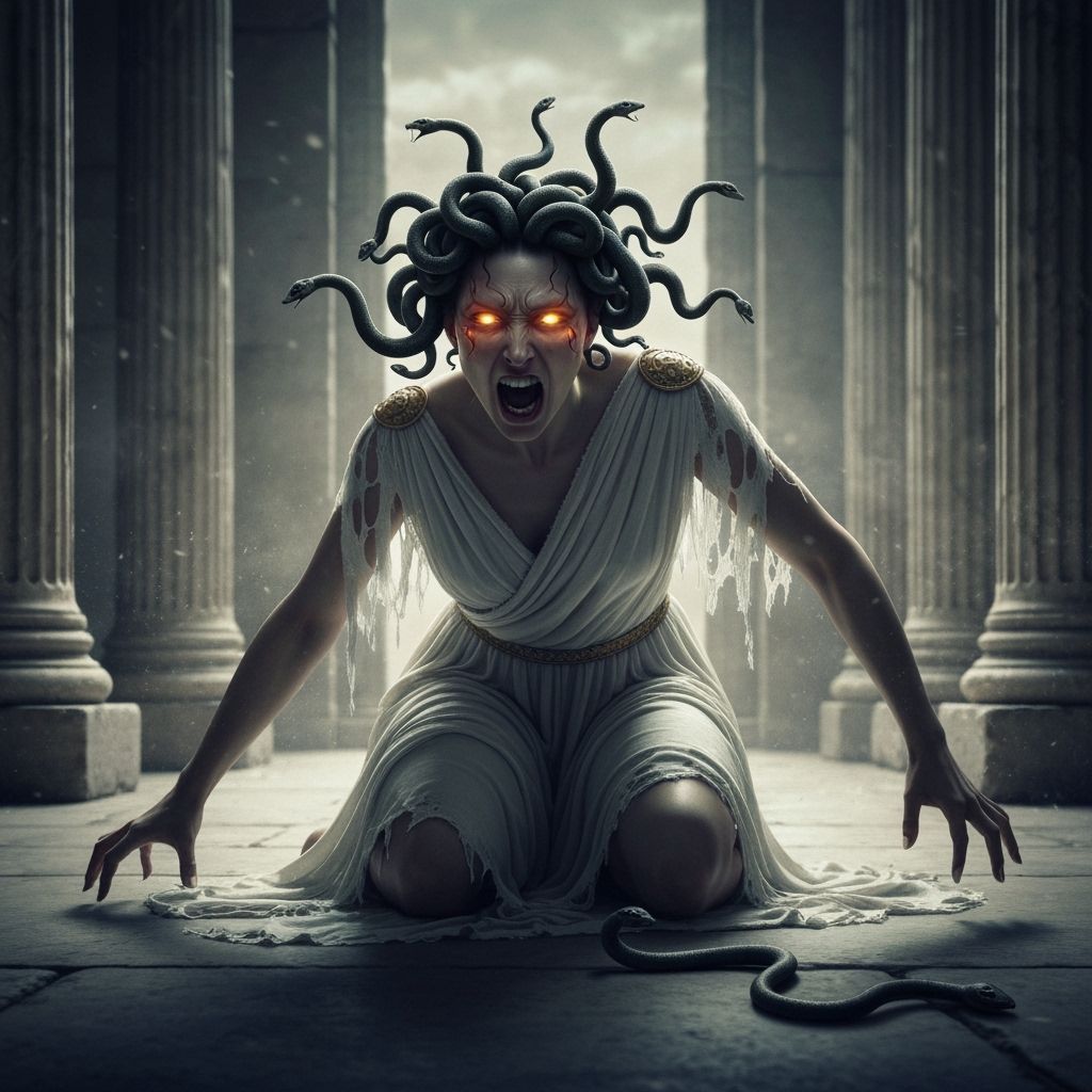 Medusa's Transformation in Ancient Temple, Gothic Art