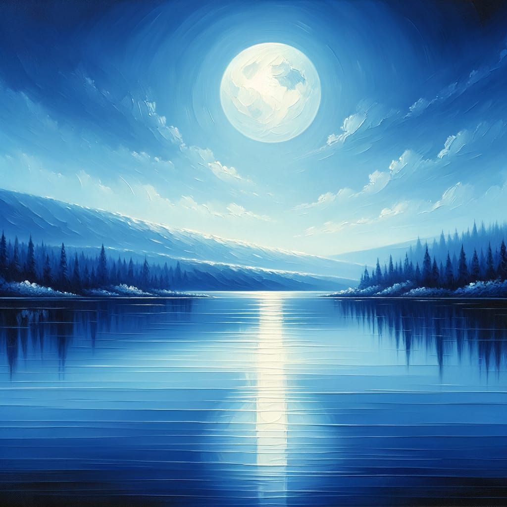 Serenity in Midnight Blues: A Luminous Moonlit Lake Scene