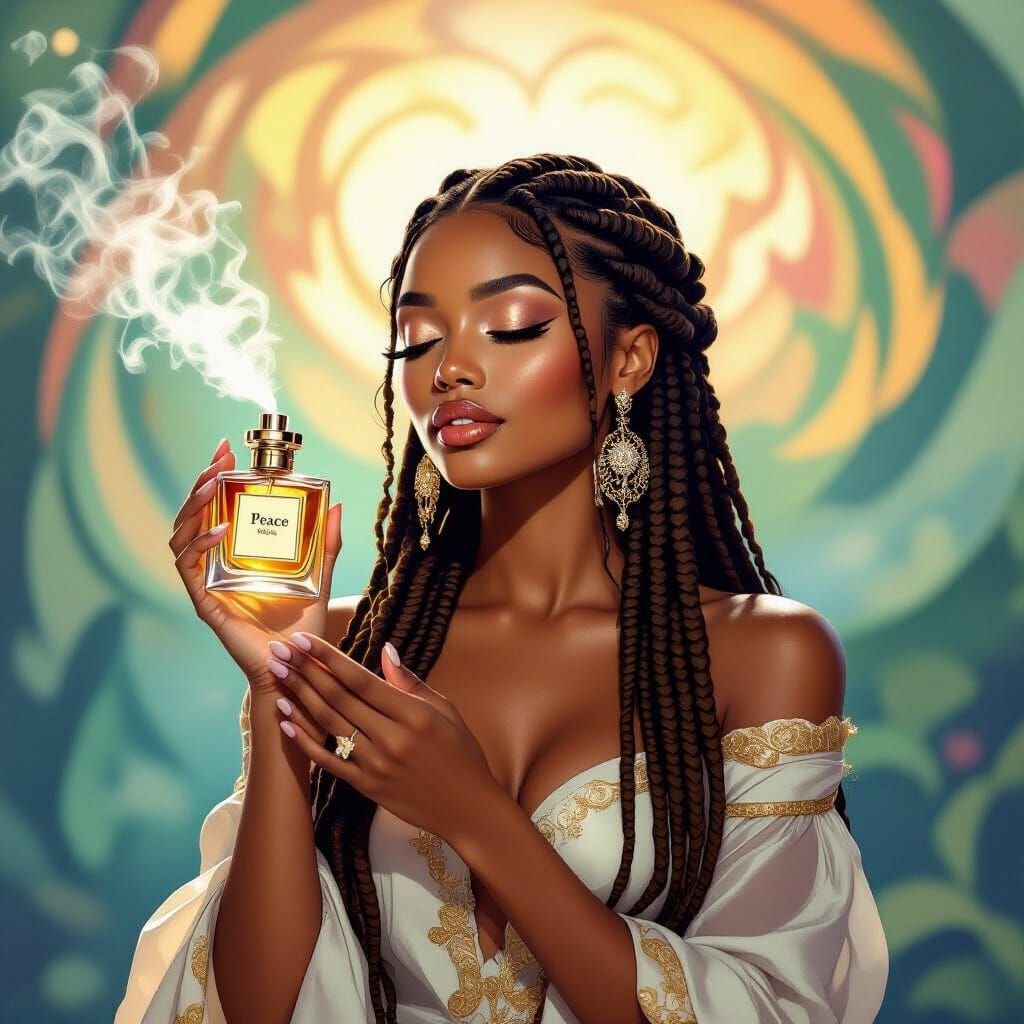 Black Woman Sprays Perfume in Loish and Mucha Style