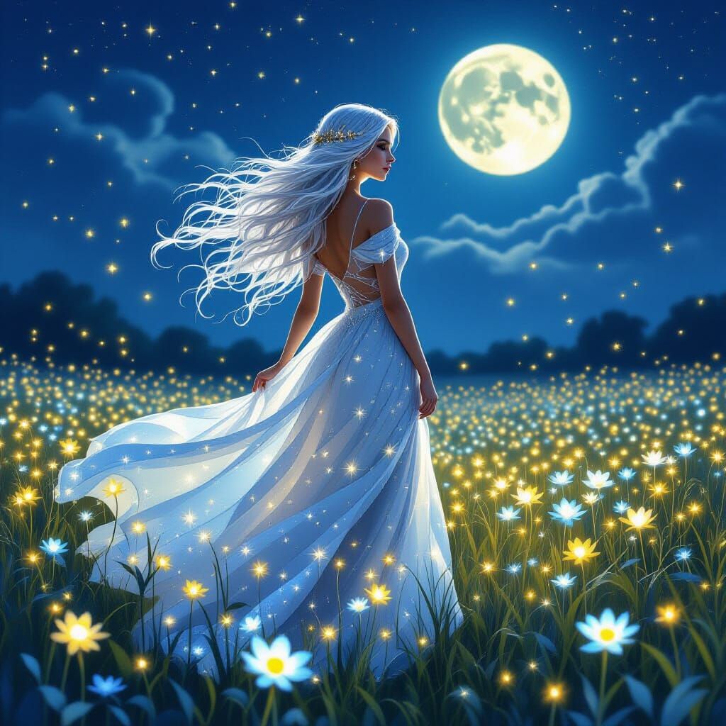 Silver Haired Woman in Bioluminescent Flower Field