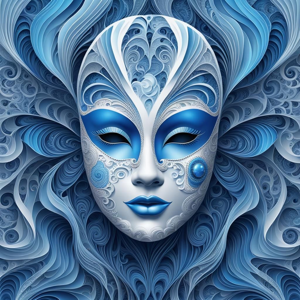 Blue Woman Mask of Love Song in Zentangle Style