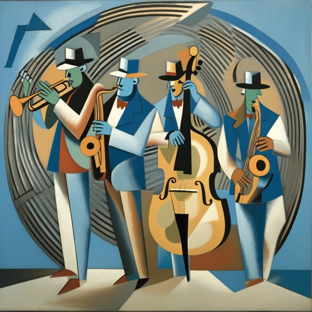 four piece Jazz band,  style: cubism, Picasso Blue Period